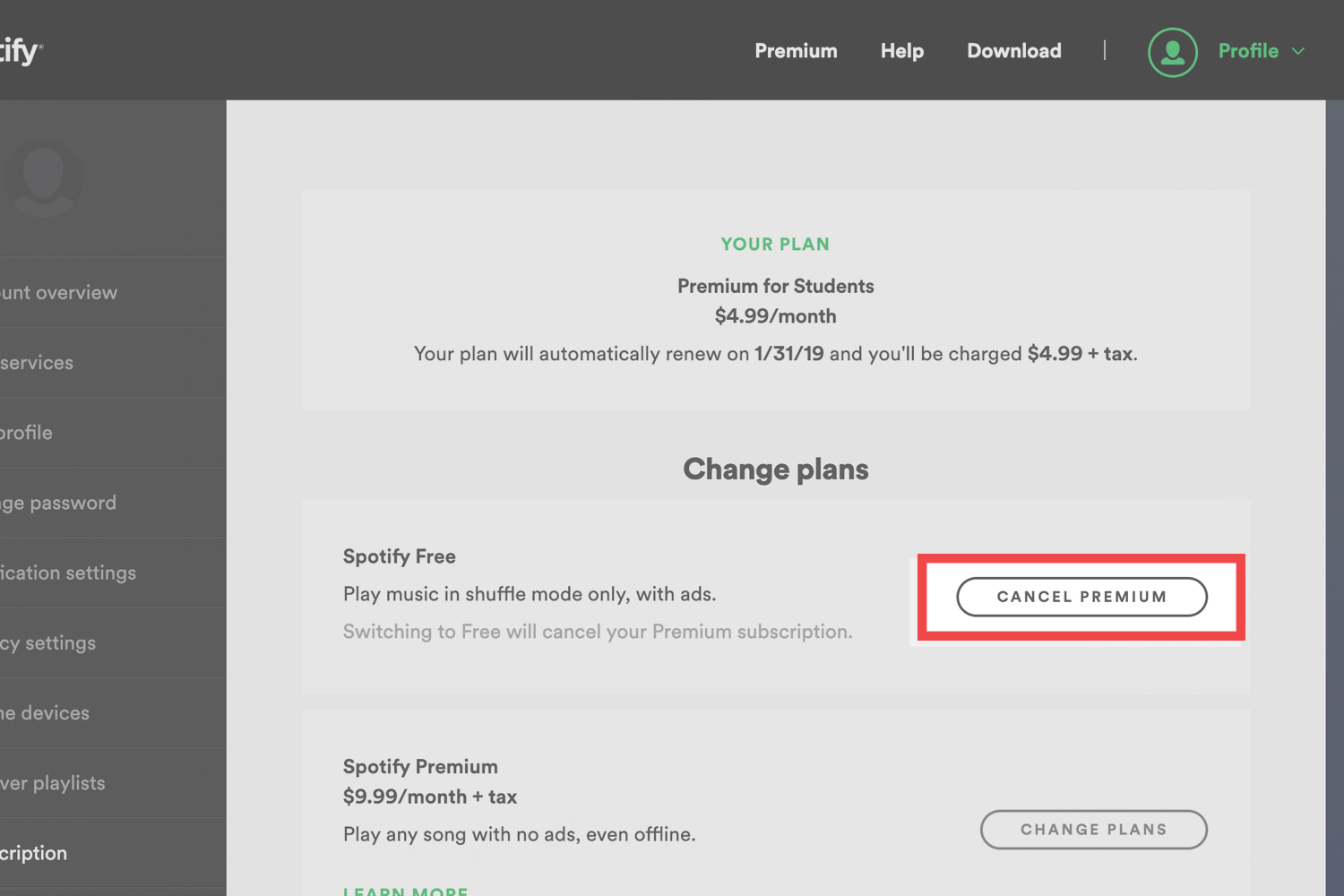 how to cancel spotify plans