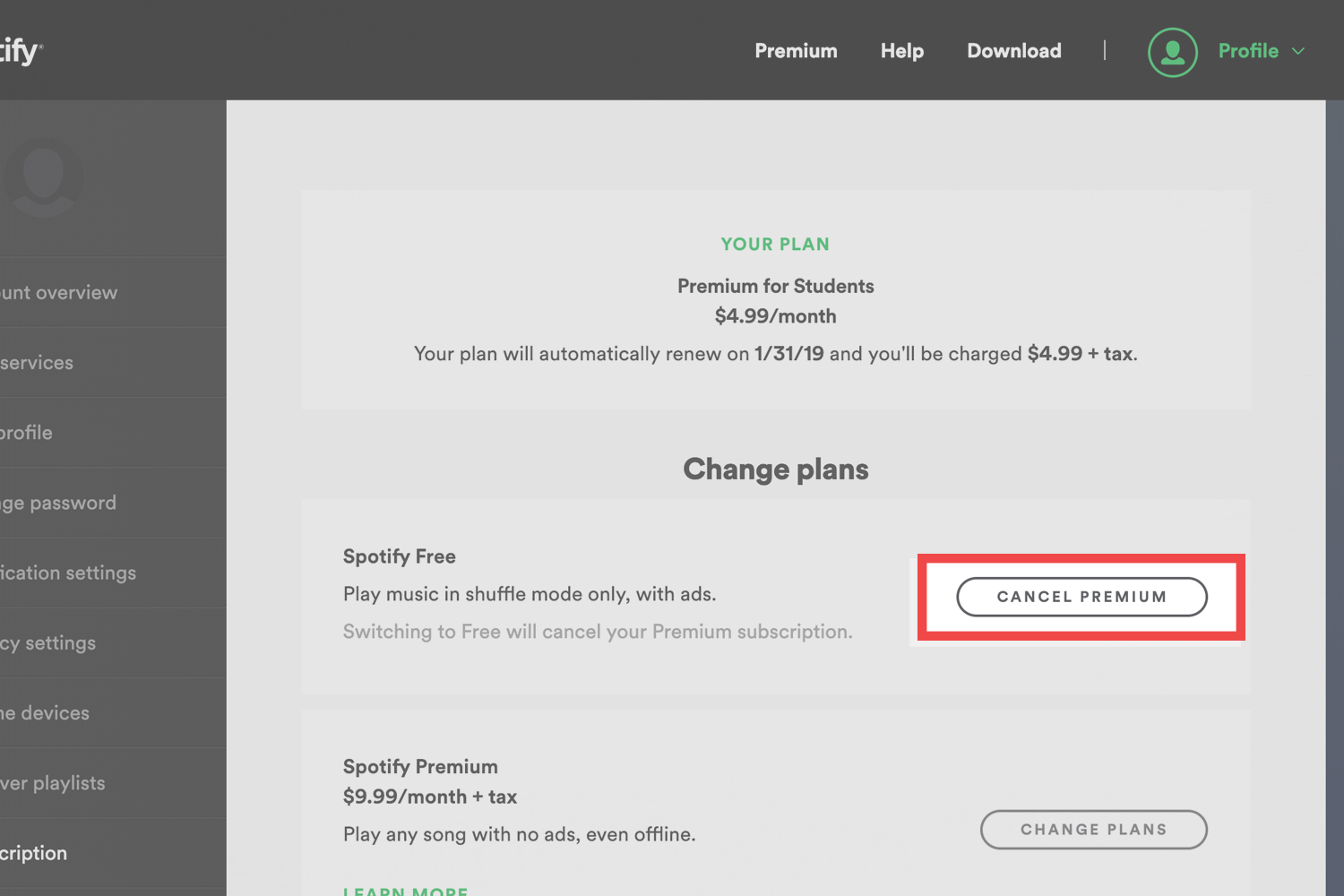 how to cancel spotify account