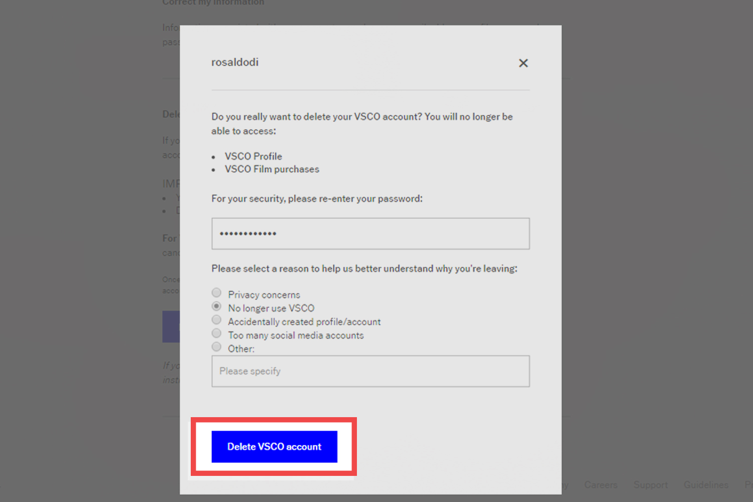 delete vsco account